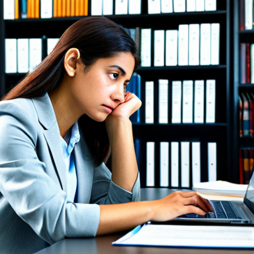 A focused professional woman, in modest business casual attire, studying intently at a modern desk in a well-lit library or study room. She is surrounded by technical books, architectural blueprints, and a laptop displaying complex data. Her expression is thoughtful and determined, conveying the intellectual challenge of advanced studies. The setting is clean and organized, emphasizing a professional academic environment. fully clothed, appropriate attire, professional dress, safe for work, appropriate content, perfect anatomy, correct proportions, natural pose, well-formed hands, proper finger count, natural body proportions, high-quality, professional photography.