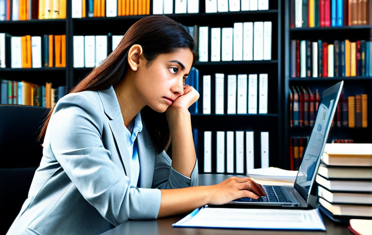 A focused professional woman, in modest business casual attire, studying intently at a modern desk in a well-lit library or study room. She is surrounded by technical books, architectural blueprints, and a laptop displaying complex data. Her expression is thoughtful and determined, conveying the intellectual challenge of advanced studies. The setting is clean and organized, emphasizing a professional academic environment. fully clothed, appropriate attire, professional dress, safe for work, appropriate content, perfect anatomy, correct proportions, natural pose, well-formed hands, proper finger count, natural body proportions, high-quality, professional photography.