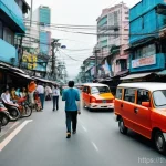 소음진동 관련 주요 이론 - **Prompt:** A bustling, vibrant street scene in a modern Asian city, reminiscent of Bangkok, with a ...
