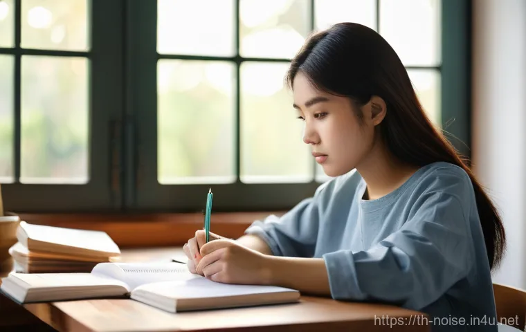 소음진동기사 필기 합격 전략 - **Prompt 1: Focused Study Session**
    A young Thai woman, around 20-25 years old, is deeply focuse...