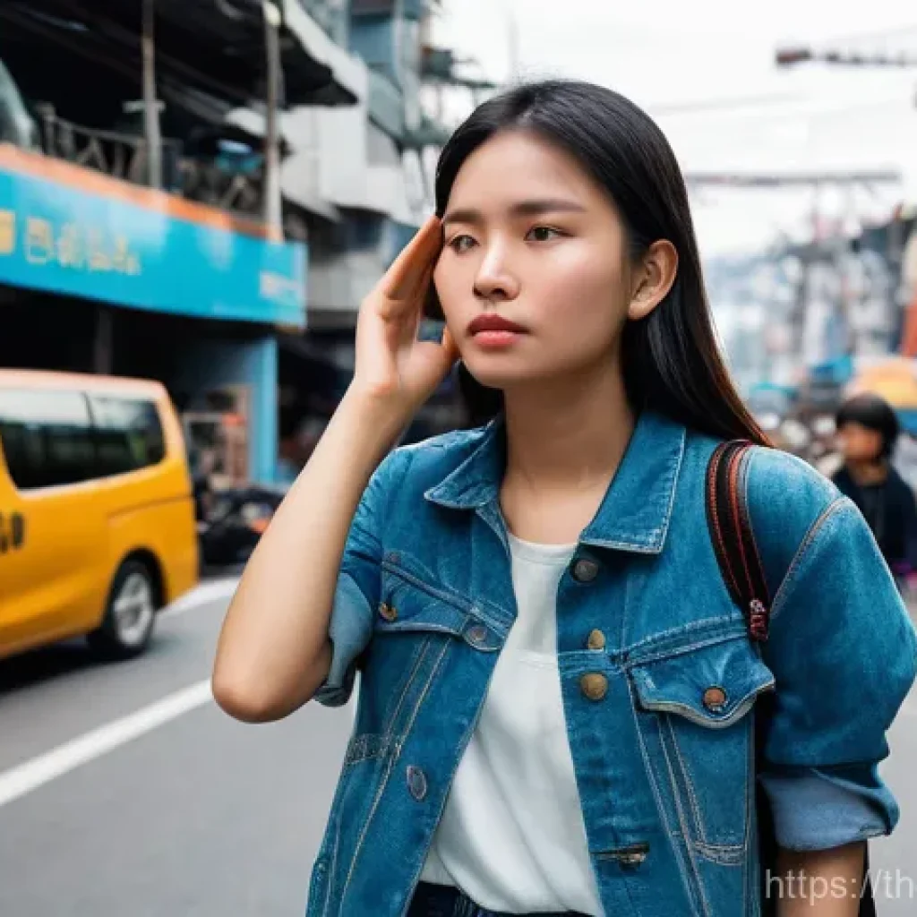 소음진동 엔지니어링 해외 사례 연구 - **Urban Noise Overwhelm**: A young woman, mid-20s, with an expression of weary resignation, stands o...