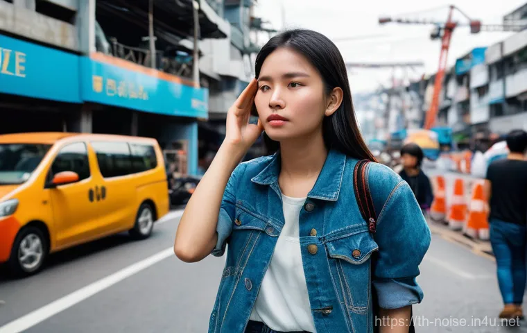 소음진동 엔지니어링 해외 사례 연구 - **Urban Noise Overwhelm**: A young woman, mid-20s, with an expression of weary resignation, stands o...