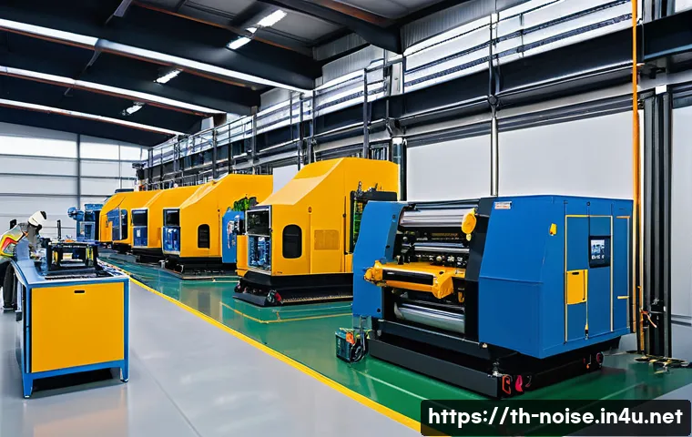 소음진동 주요 중점 과목 분석 - A modern industrial factory interior showcasing heavy machinery operating continuously, equipped wit...
