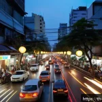 소음진동과 환경 영향 분석 - A bustling Bangkok city street scene at dusk, showing heavy traffic with cars, motorcycles, and buse...