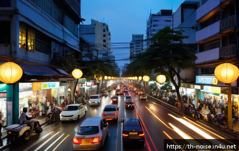 소음진동과 환경 영향 분석 - A bustling Bangkok city street scene at dusk, showing heavy traffic with cars, motorcycles, and buse...